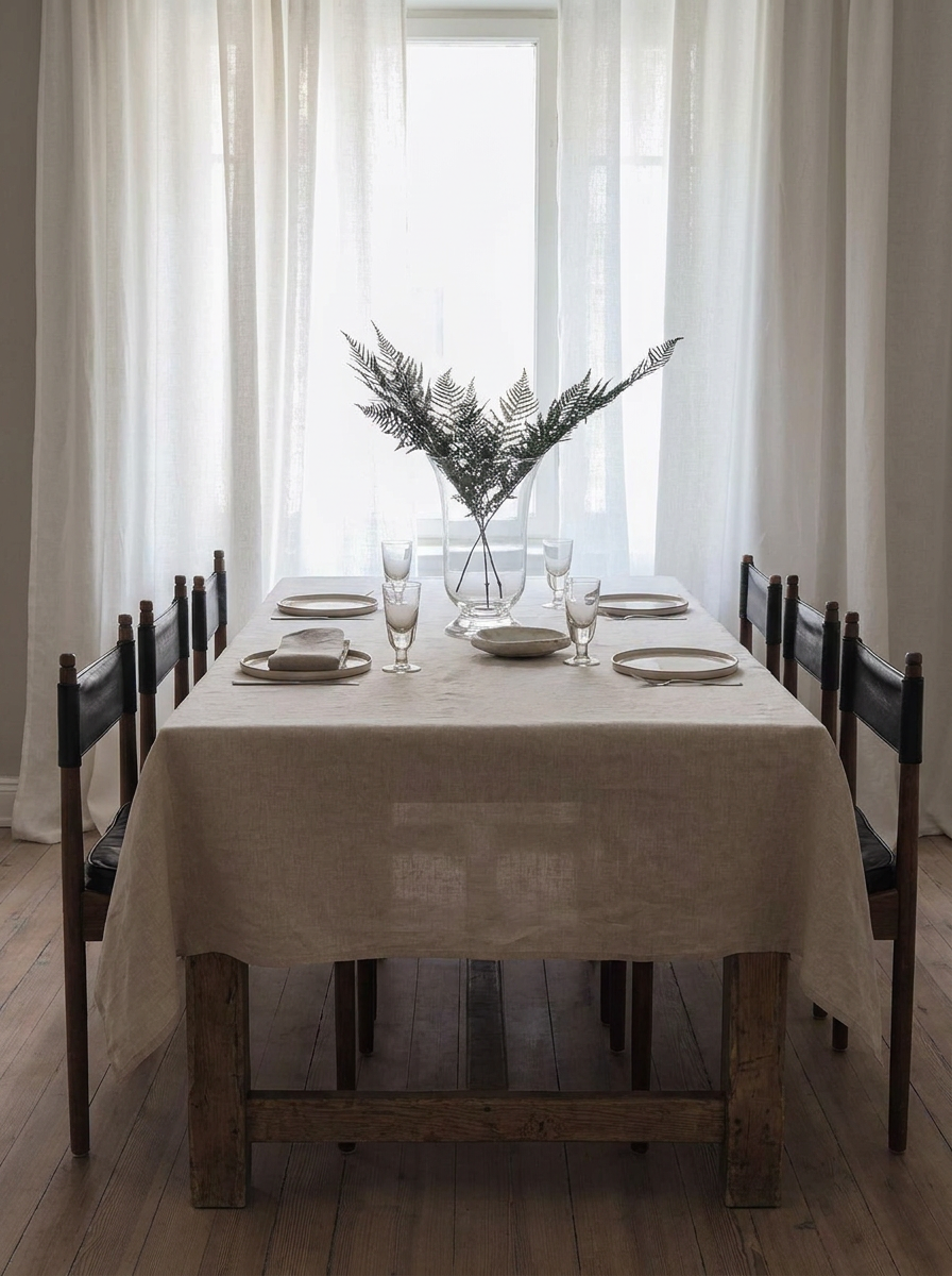 Långbord dukat med en naturfärgad linneduk