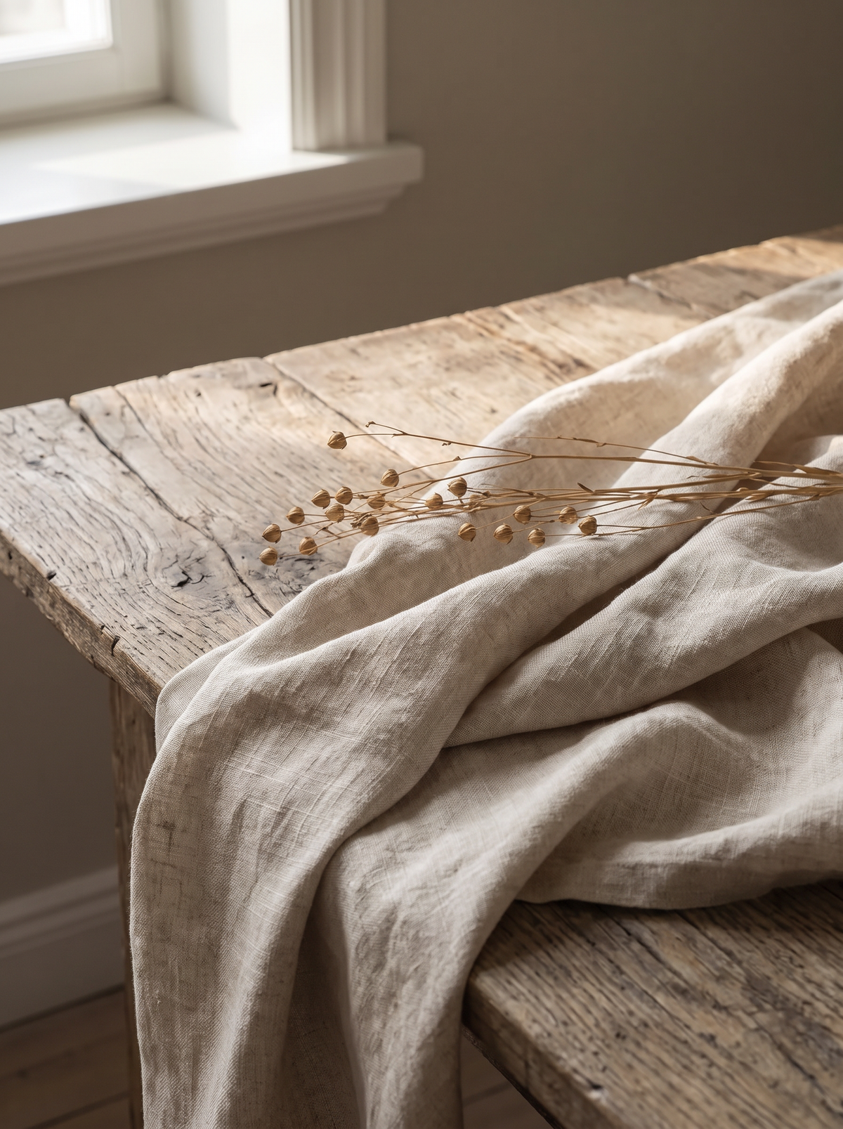 Naturfärgat linne draperat över ett träbord med torkade linstjälkar